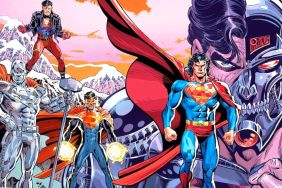 Superboy, Steel, The Eradicator, Superman and Cyborg Superman standing at the ready