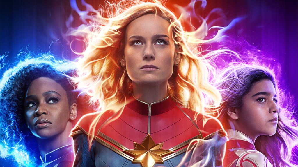 Carol Danvers, Monica Rambeau, and Kamala Khan on the IMAX poster for The Marvels