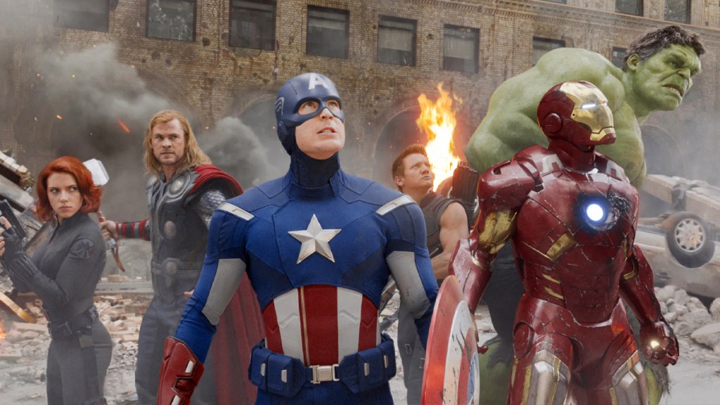 Black Widow, Thor, Captain America, Hawkeye, Iron Man, and Hulk assemble in New York City to stop Loki and his army in Marvel's The Avengers (2012).