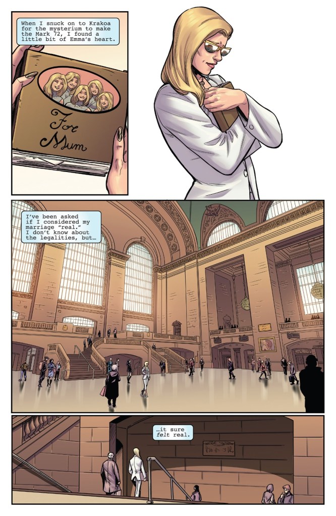 Emma Frost and scrapbook in Invincible Iron Man 20