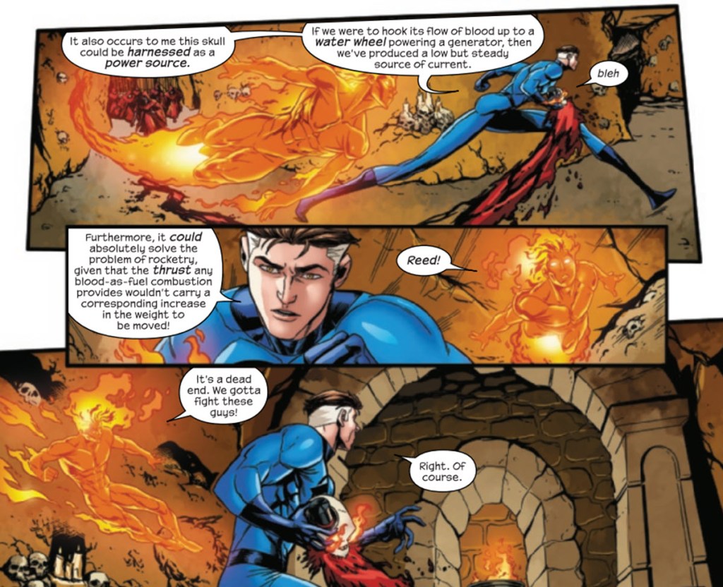 Mister Fantastic and Human Torch steal blood vomitting skull in Fantastic Four 26