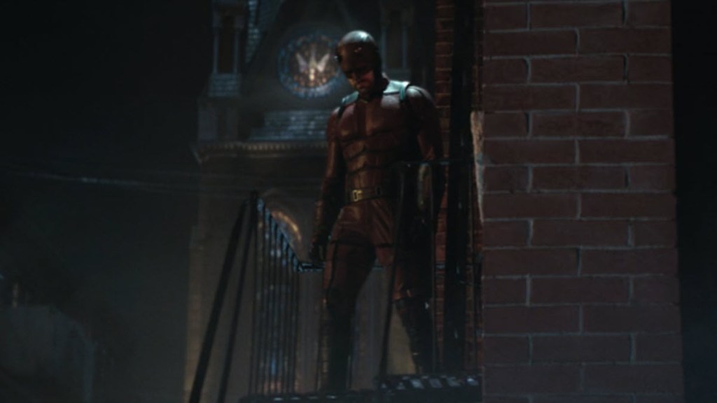 Matt Murdock poses before church in Dardevil Born Again premiere
