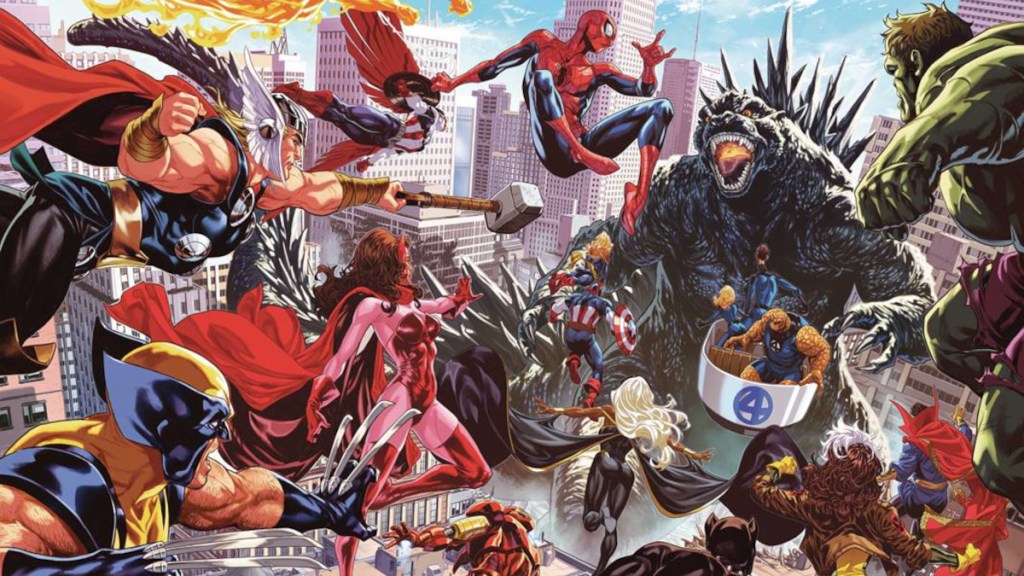 Godzilla Destroys the Marvel Universe 1 wraparound cover cropped by Mark Brooks