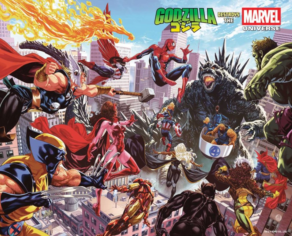 Godzilla Destroys the Marvel Universe 1 wraparound cover full by Mark Brooks