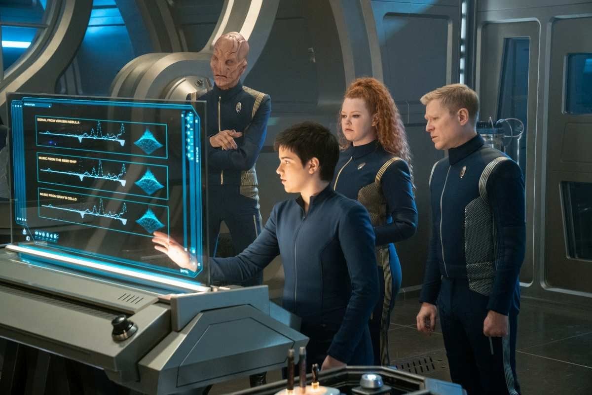 Doug Jones as Capt. Saru, Blu del Barrio as Adira, Mary Wiseman as Ensign Sylvia Tilly and Anthony Rapp as Lt. Commander Paul Stamets