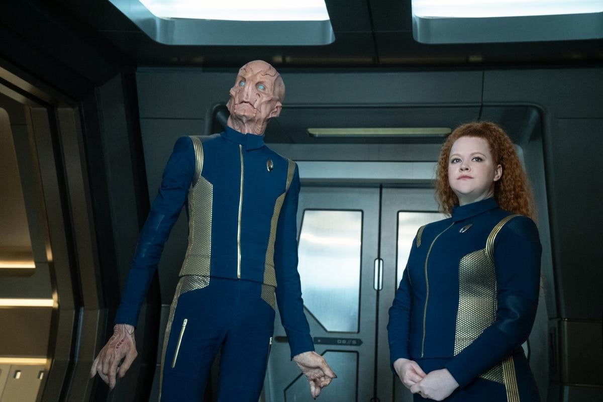 Doug Jones as Capt. Saru and Mary Wiseman as Ensign Sylvia Tilly