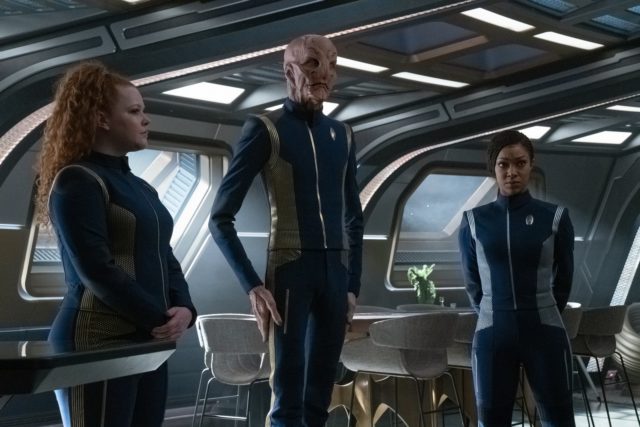 Mary Wiseman as Ensign Tilly, Doug Jones as Saru and Sonequa Martin-Green as Commander Burnham