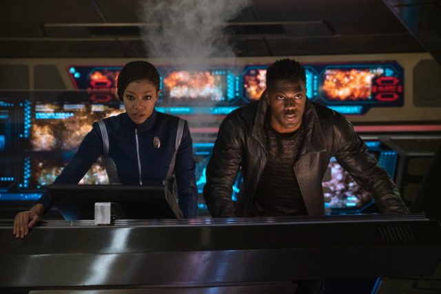 Sonequa Martin-Green as Commander Burnham and David Ajala as Book