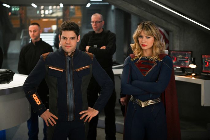 Jeremy Jordan as Winn Schott and Melissa Benoist as Kara/Supergirl 